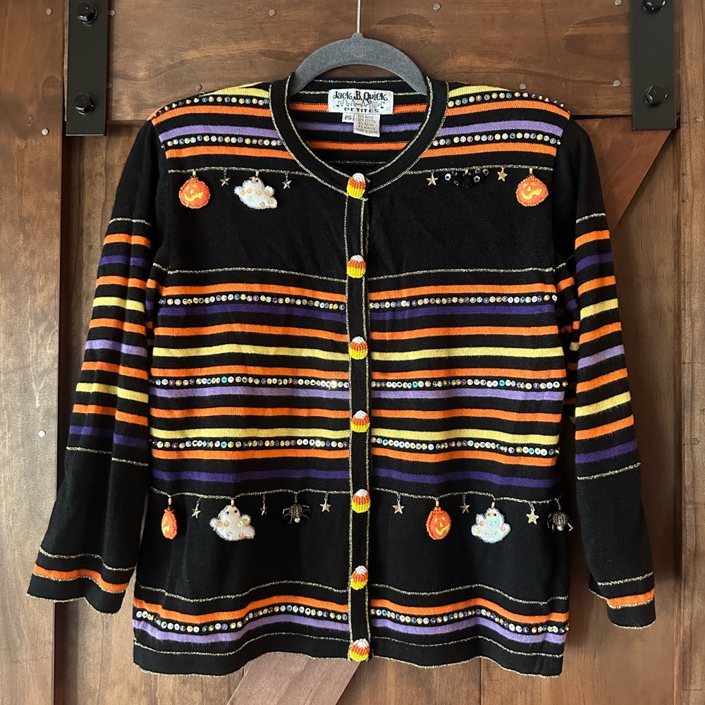 Vintage Jack B. Quick Halloween Beaded Button Cardigan Sweater Petite Small